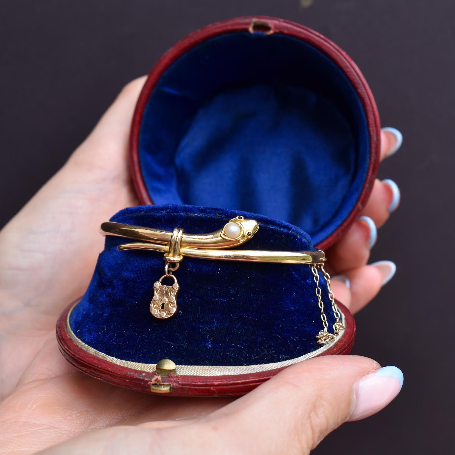 Antique Boxed 15ct Gold Pearl Snake Serpent Bangle Bracelet