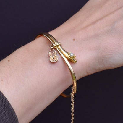 Antique Boxed 15ct Gold Pearl Snake Serpent Bangle Bracelet