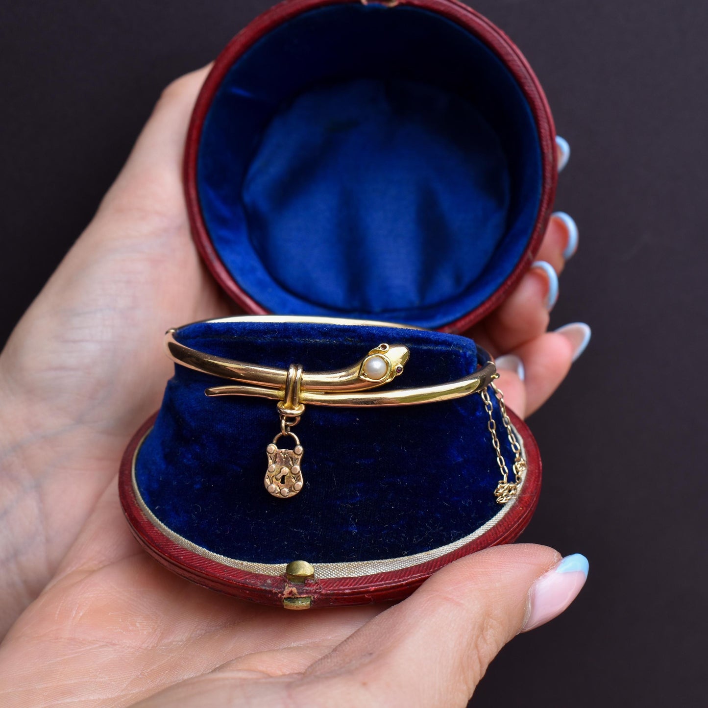 Antique Boxed 15ct Gold Pearl Snake Serpent Bangle Bracelet