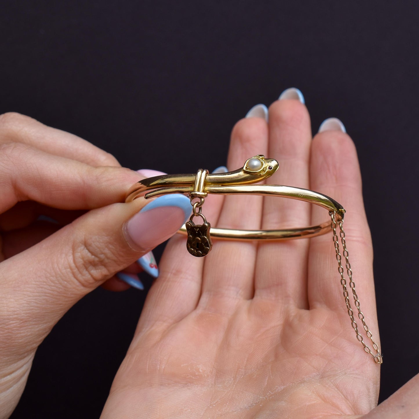 Antique Boxed 15ct Gold Pearl Snake Serpent Bangle Bracelet