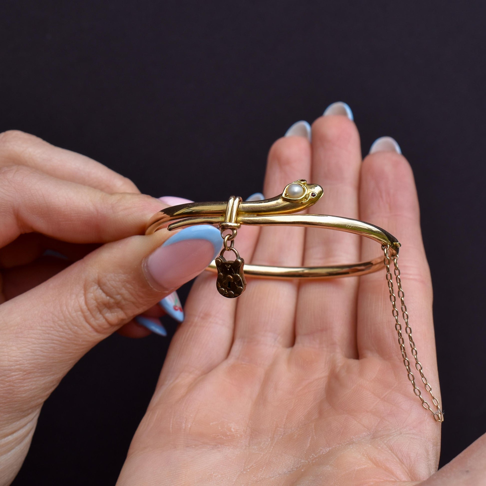 Antique Boxed 15ct Gold Pearl Snake Serpent Bangle Bracelet