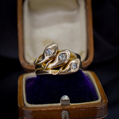 Antique Old Cut Diamond Triple Snake Serpent 9ct Gold Band Ring