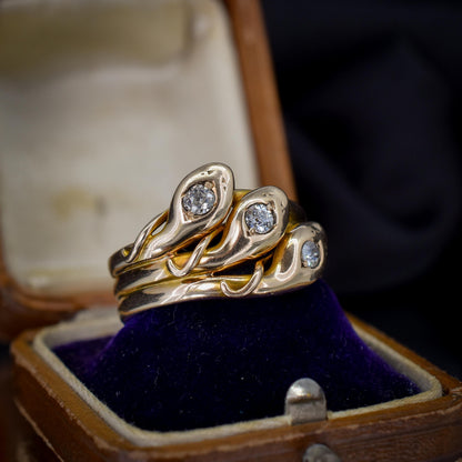 Antique Old Cut Diamond Triple Snake Serpent 9ct Gold Band Ring