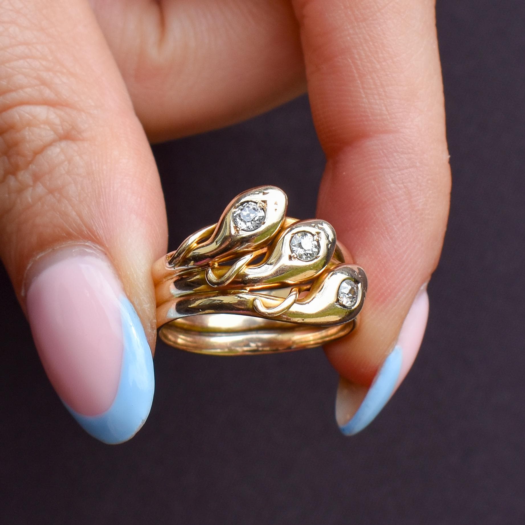Antique Old Cut Diamond Triple Snake Serpent 9ct Gold Band Ring