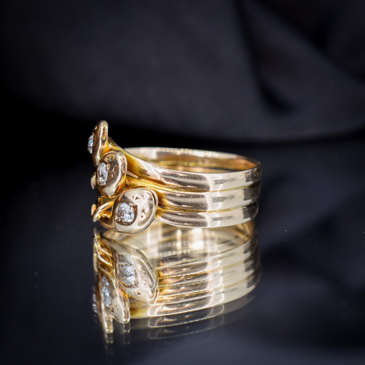 Antique Old Cut Diamond Triple Snake Serpent 9ct Gold Band Ring