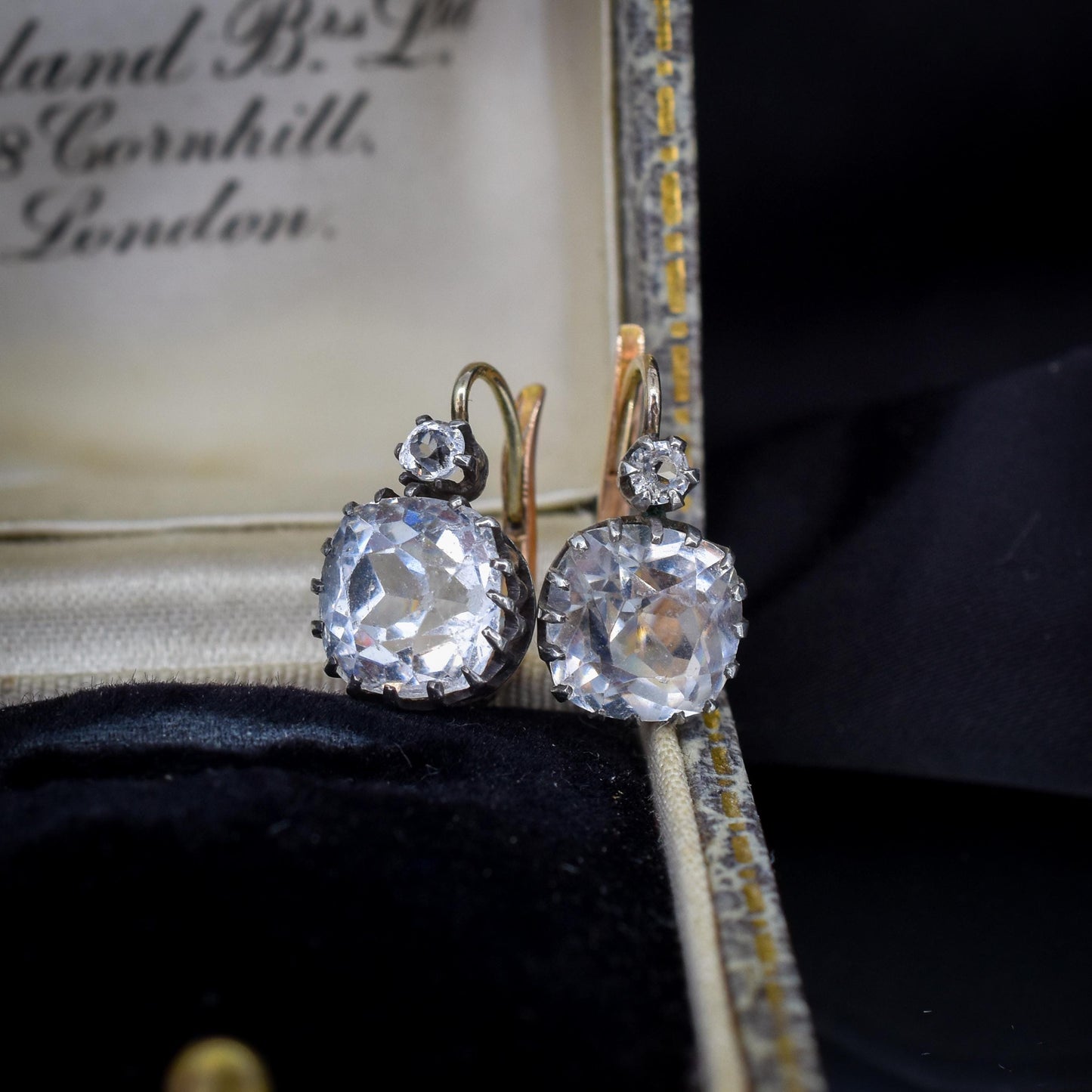 Antique Old Cut Paste Silver and 18ct Gold Dormeuse Earrings
