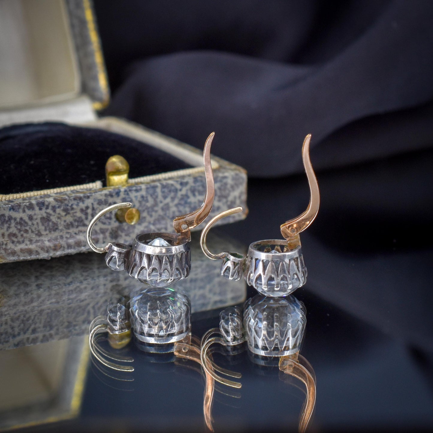 Antique Old Cut Paste Silver and 18ct Gold Dormeuse Earrings