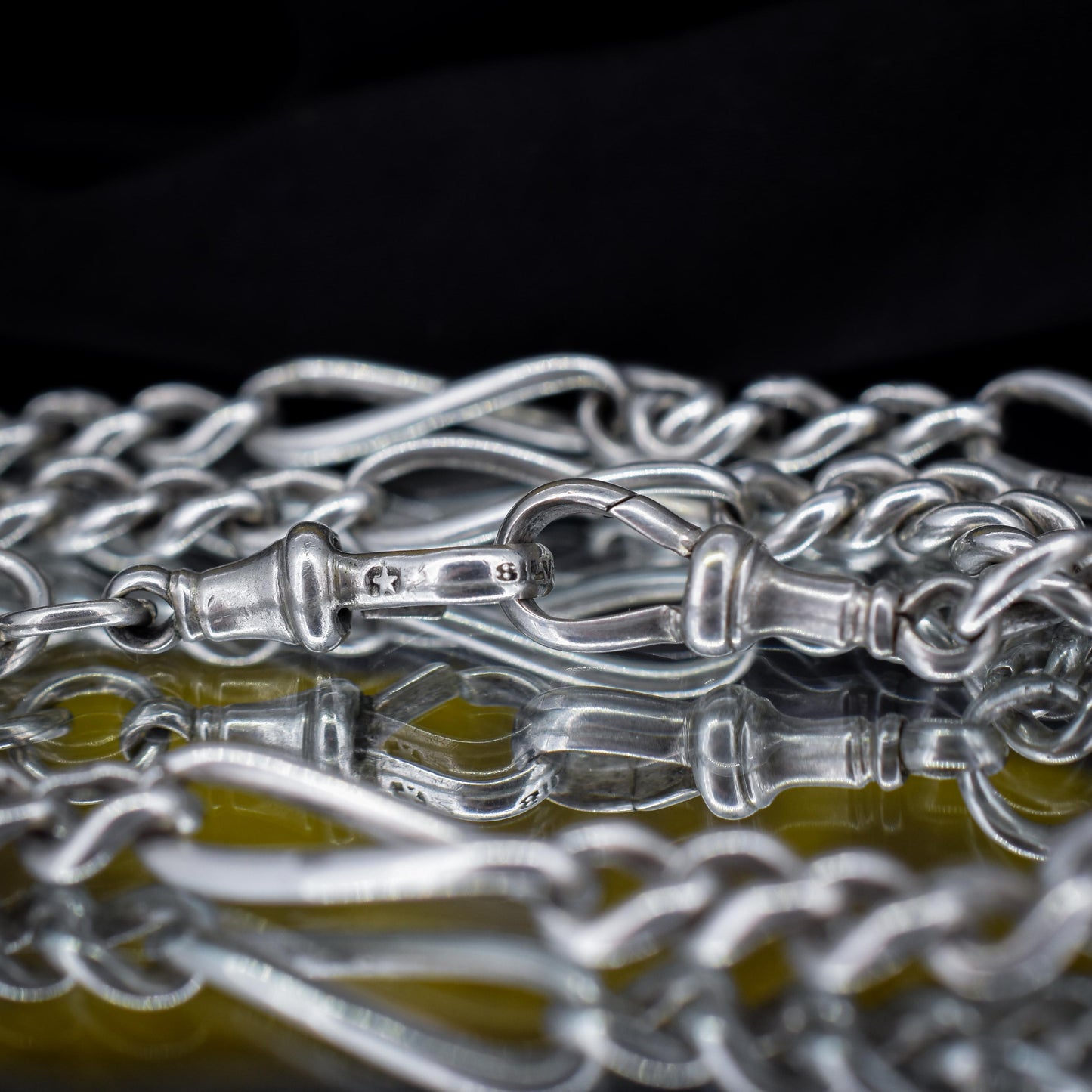 Antique Sterling Silver Figaro Double Albert Watch Chain Necklace with T-bar – 15.5″