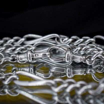 Antique Sterling Silver Figaro Double Albert Watch Chain Necklace with T-bar – 15.5″