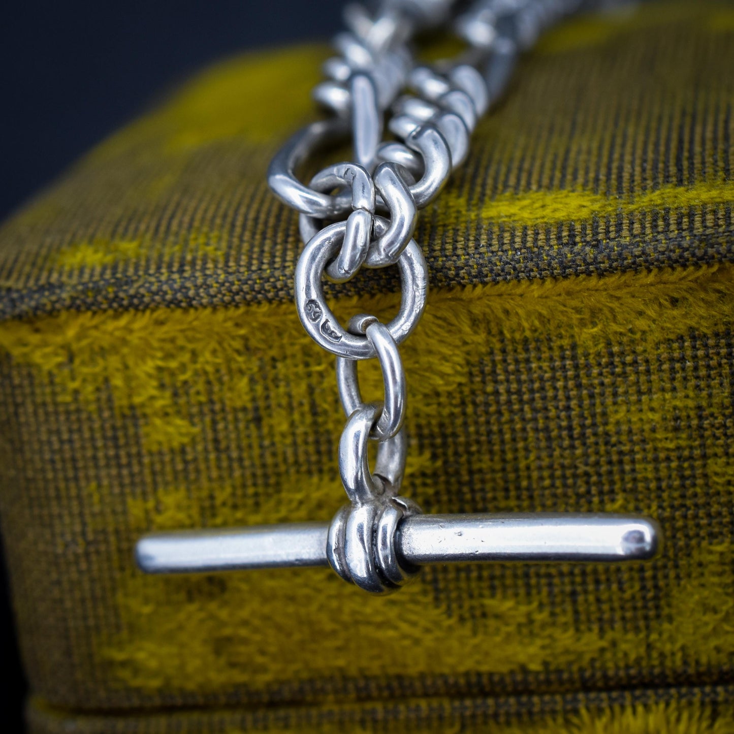 Antique Sterling Silver Figaro Double Albert Watch Chain Necklace with T-bar – 15.5″
