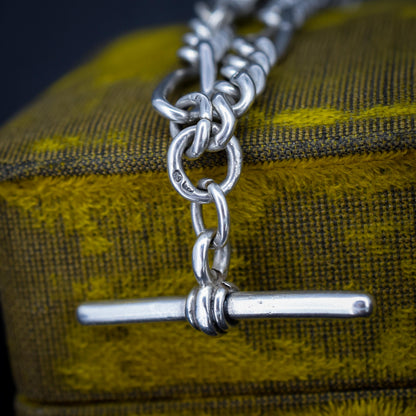 Antique Sterling Silver Figaro Double Albert Watch Chain Necklace with T-bar – 15.5″