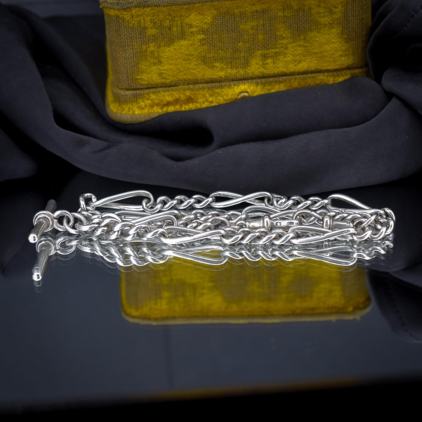 Antique Sterling Silver Figaro Double Albert Watch Chain Necklace with T-bar – 15.5″