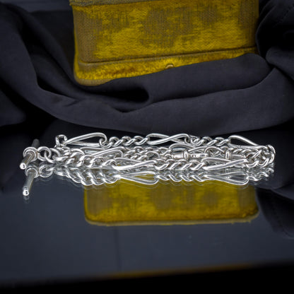 Antique Sterling Silver Figaro Double Albert Watch Chain Necklace with T-bar – 15.5″