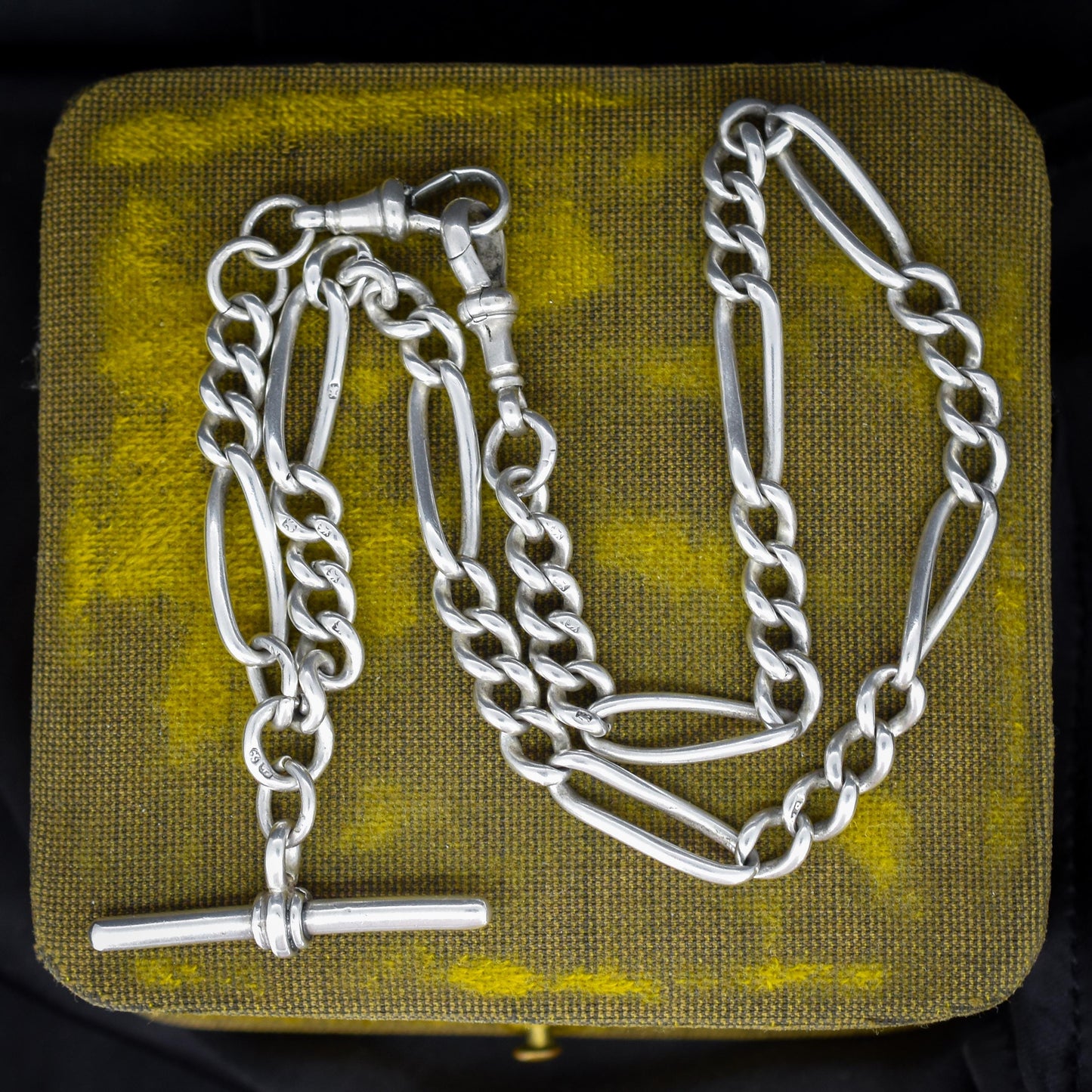 Antique Sterling Silver Figaro Double Albert Watch Chain Necklace with T-bar – 15.5″