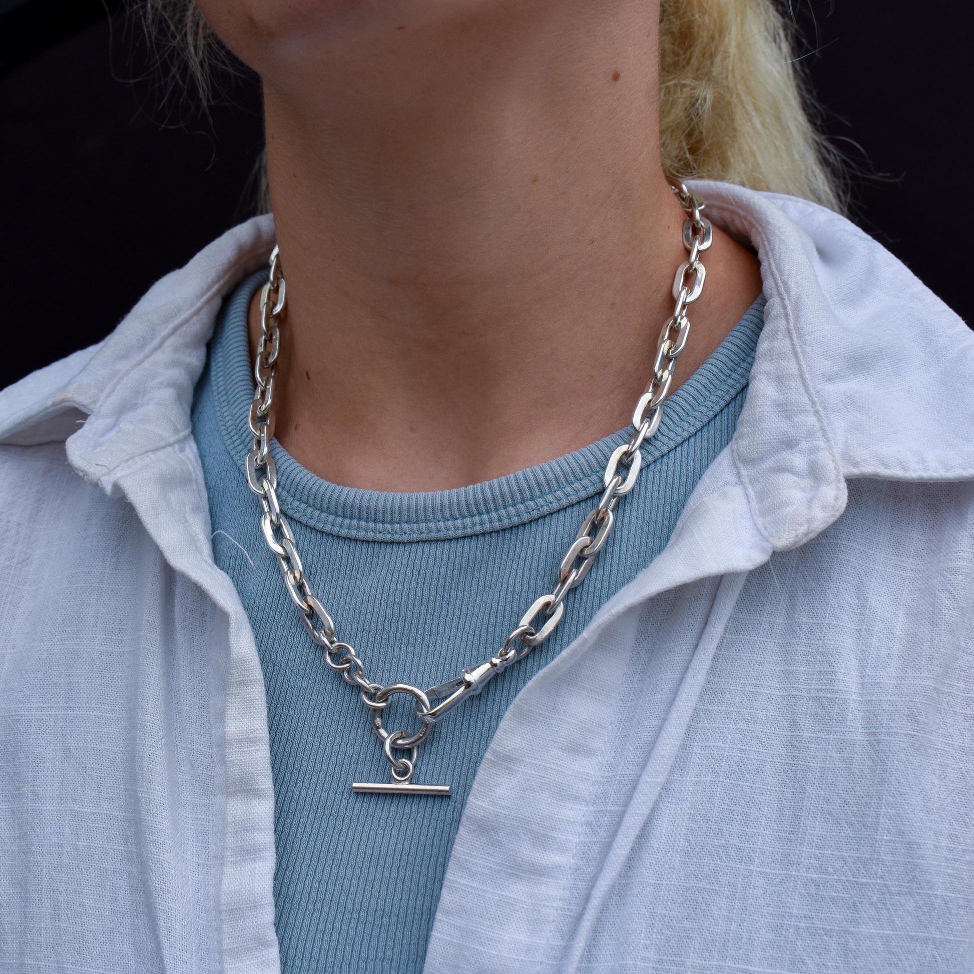 Vintage Silver Flat Edge Oval Link Toggle T-Bar Chain Necklace with Dog Clip 19"