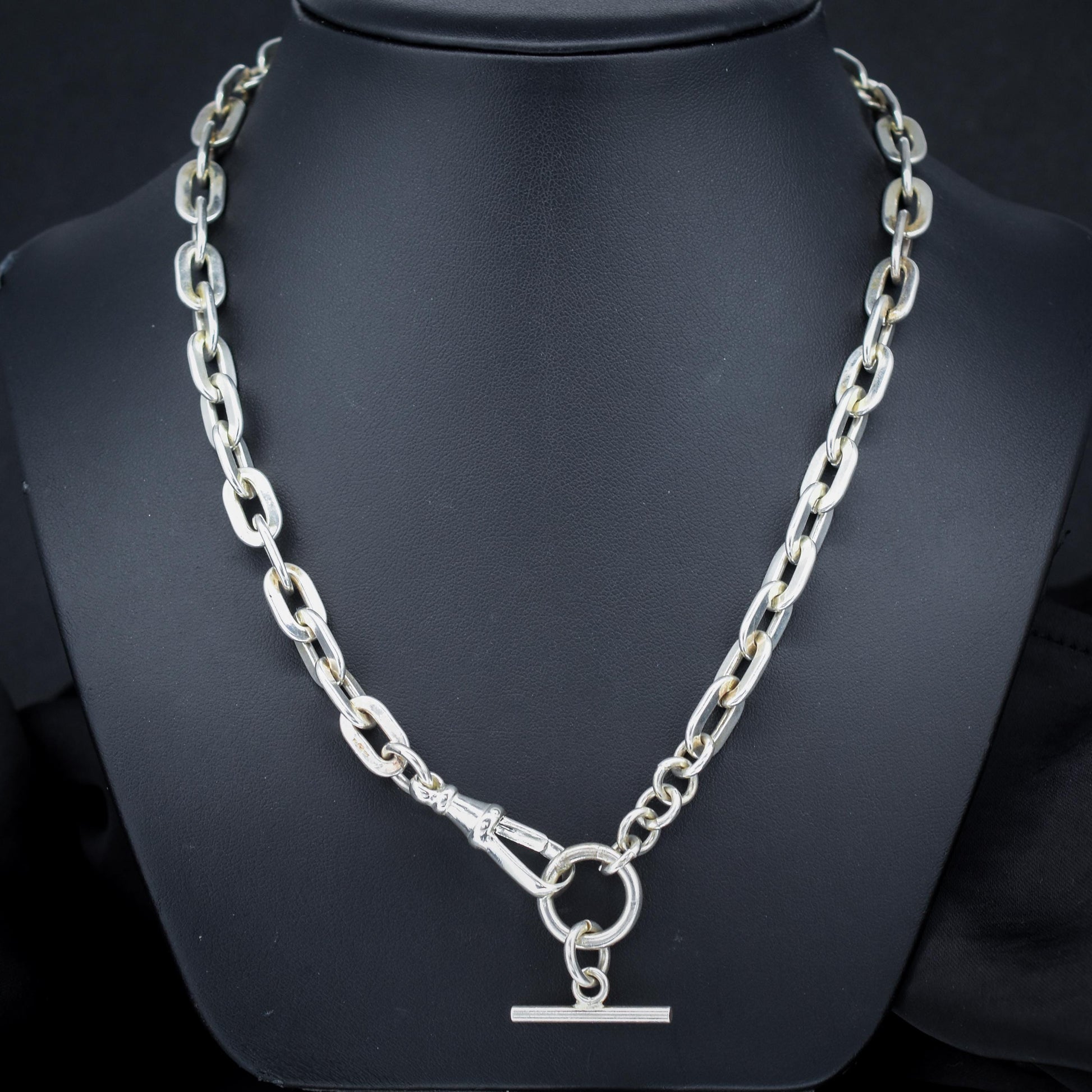Vintage Silver Flat Edge Oval Link Toggle T-Bar Chain Necklace with Dog Clip 19"