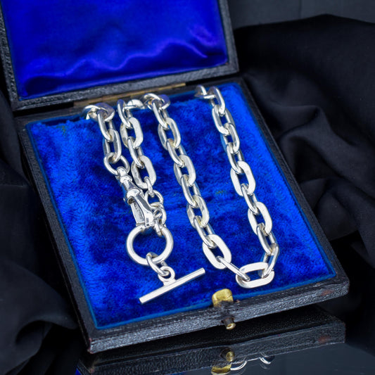 Vintage Silver Flat Edge Oval Link Toggle T-Bar Chain Necklace with Dog Clip 19"