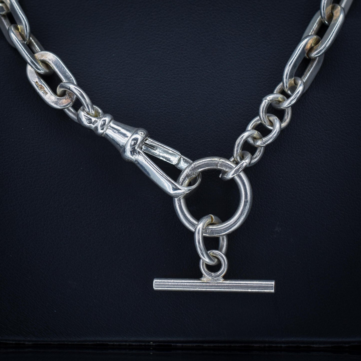 Vintage Silver Flat Edge Oval Link Toggle T-Bar Chain Necklace with Dog Clip 19"