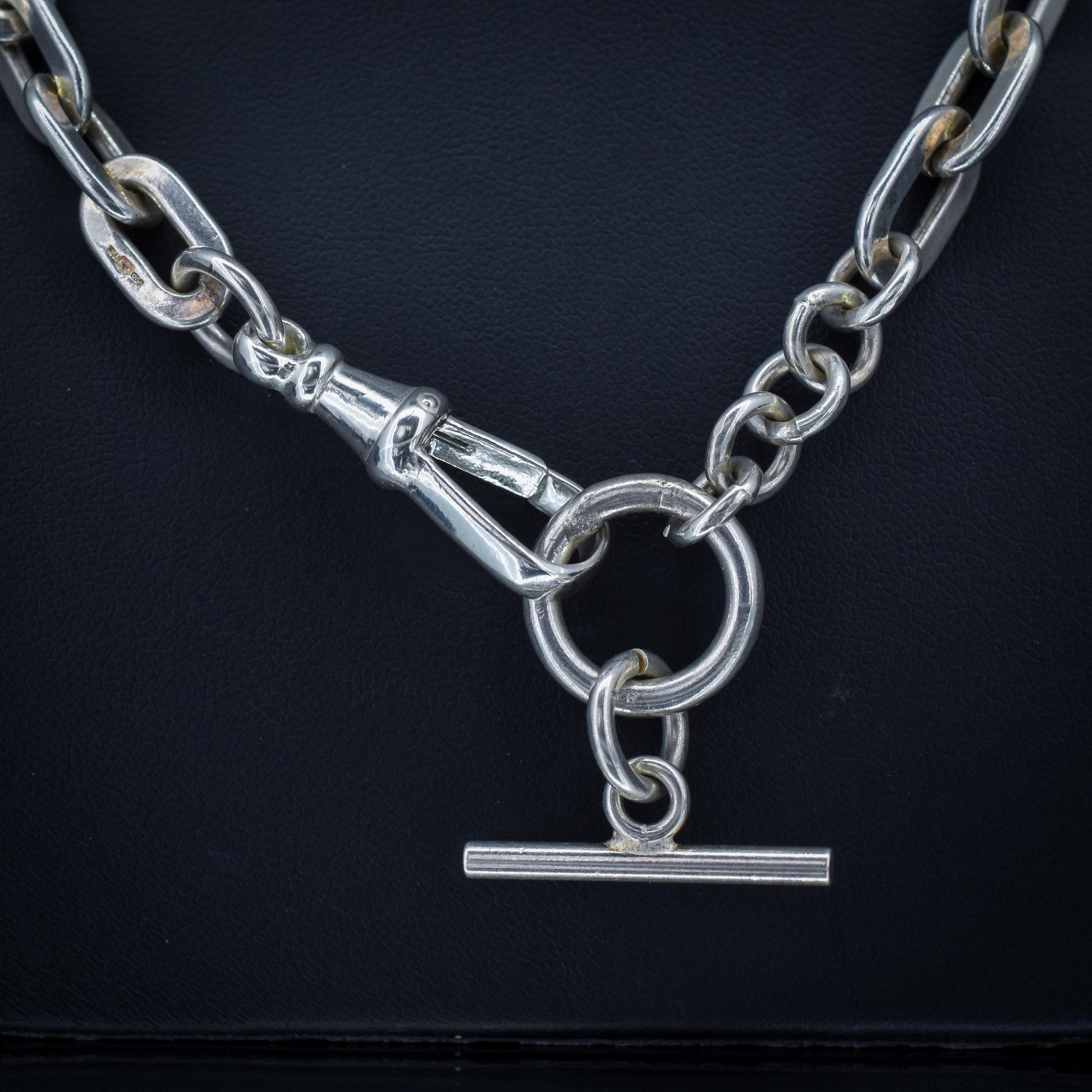 Vintage Silver Flat Edge Oval Link Toggle T-Bar Chain Necklace with Dog Clip 19"