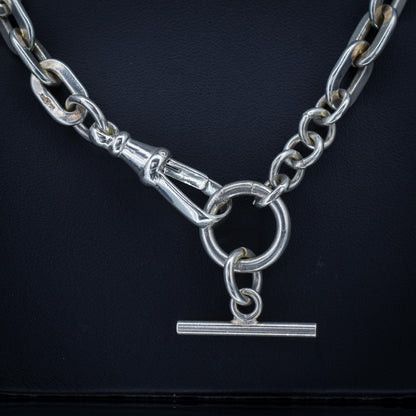 Vintage Silver Flat Edge Oval Link Toggle T-Bar Chain Necklace with Dog Clip 19"