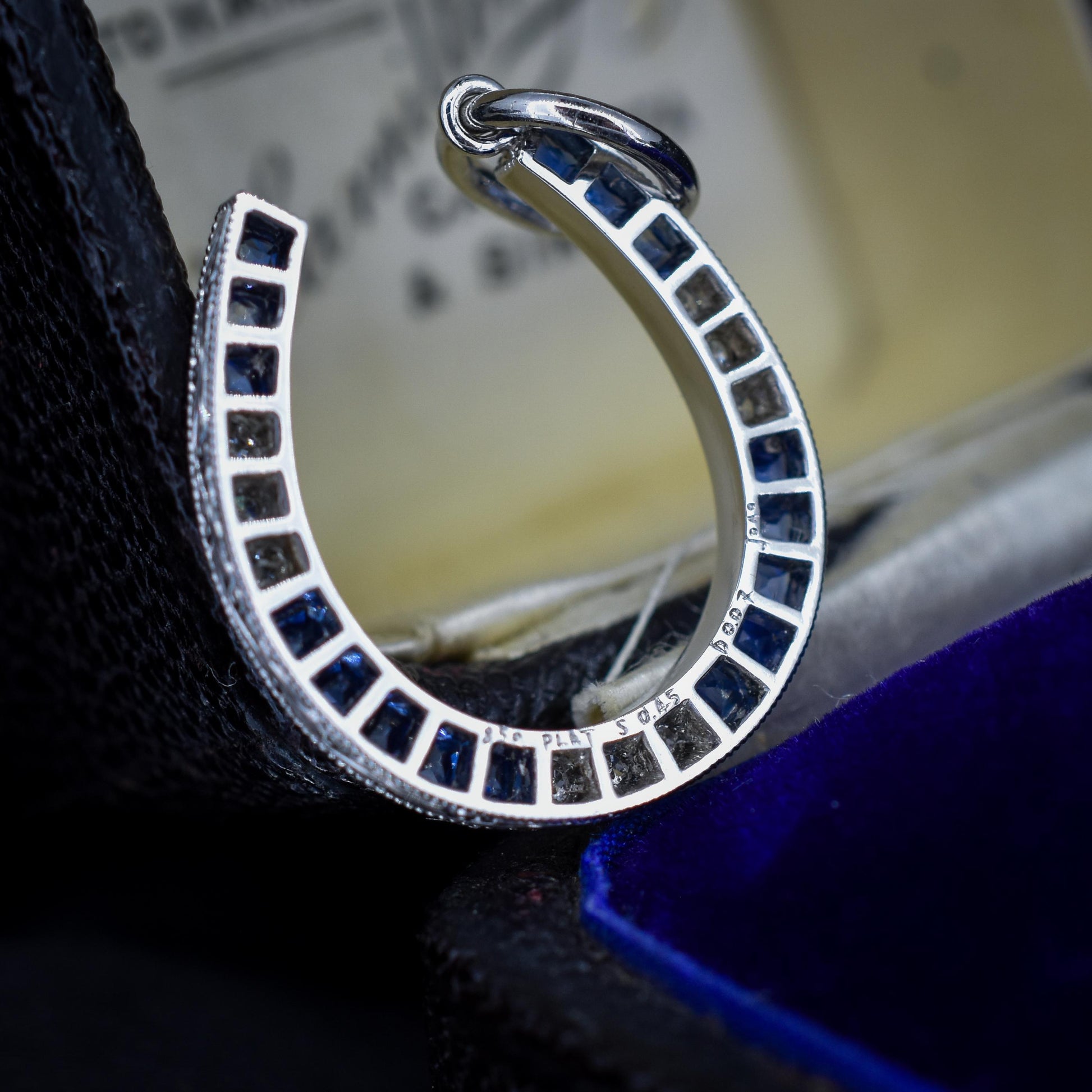 French Cut Blue Sapphire and Diamond Horseshoe Platinum Charm Pendant