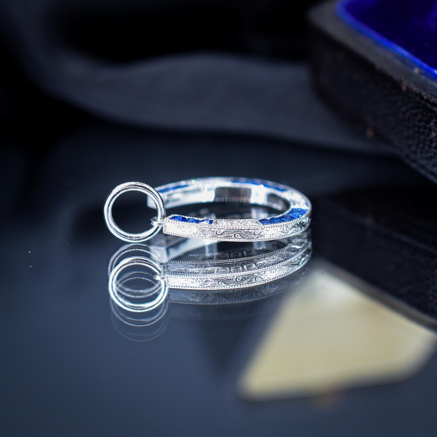 French Cut Blue Sapphire and Diamond Horseshoe Platinum Charm Pendant