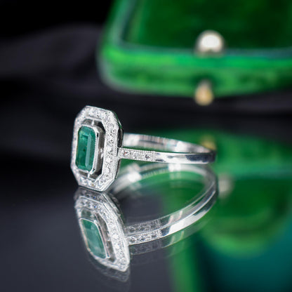 Art Deco Style Natural Emerald and Diamond Halo Platinum Ring