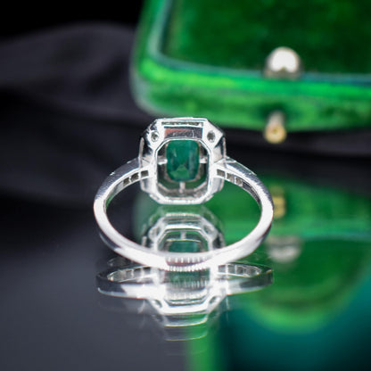 Art Deco Style Natural Emerald and Diamond Halo Platinum Ring
