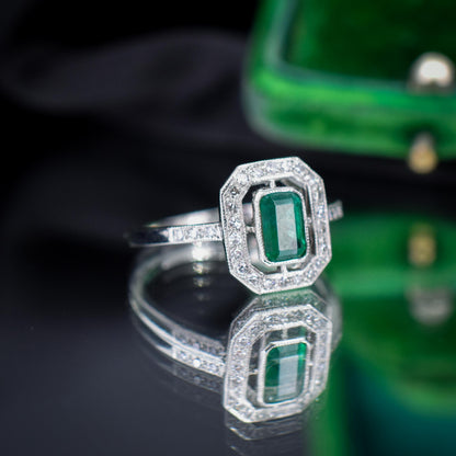 Art Deco Style Natural Emerald and Diamond Halo Platinum Ring