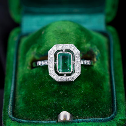 Art Deco Style Natural Emerald and Diamond Halo Platinum Ring
