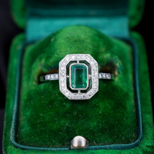 Art Deco Style Natural Emerald and Diamond Halo Platinum Ring