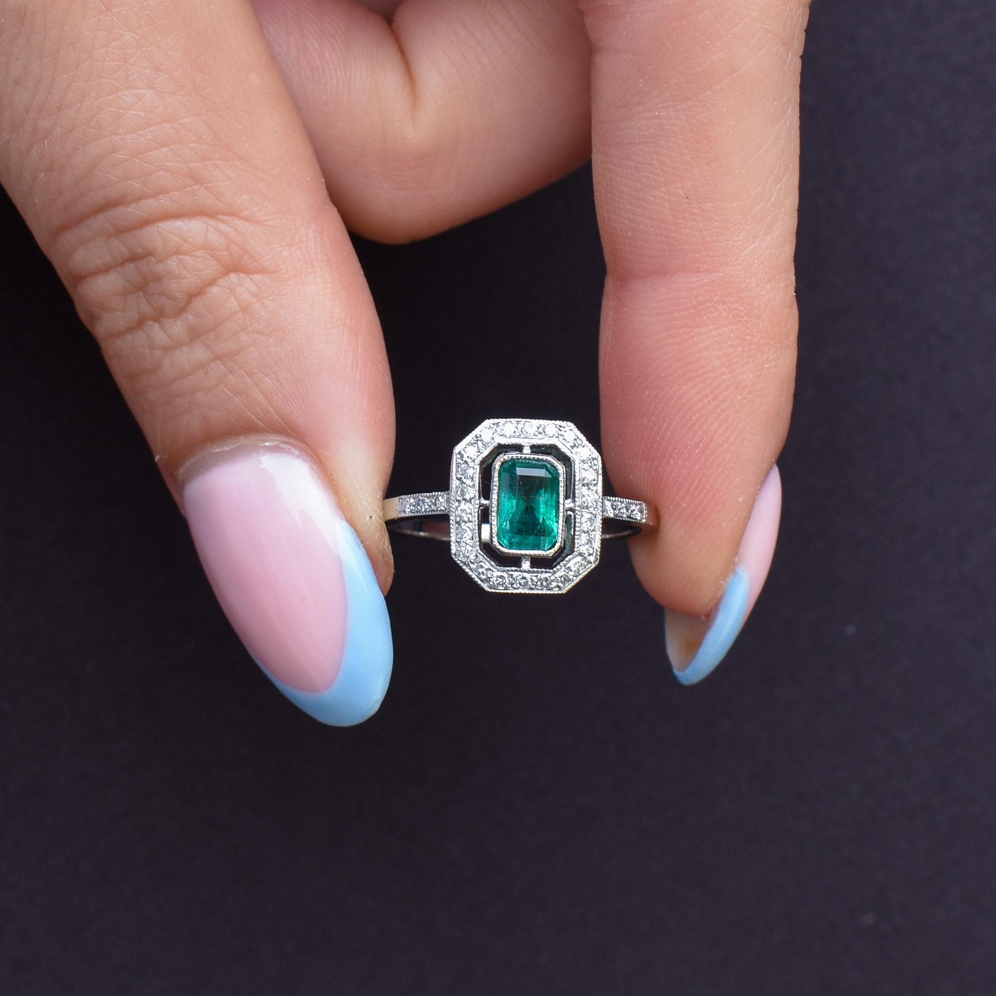 Art Deco Style Natural Emerald and Diamond Halo Platinum Ring