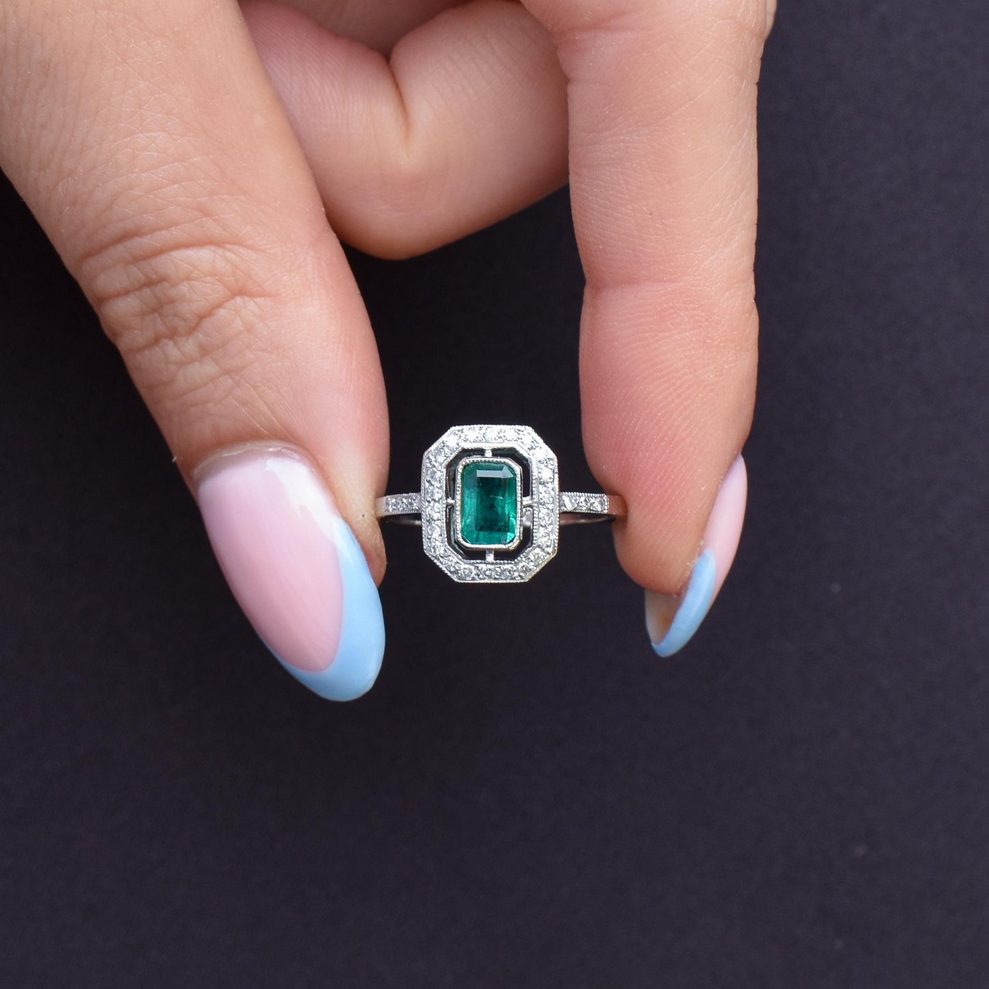 Art Deco Style Natural Emerald and Diamond Halo Platinum Ring