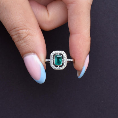 Art Deco Style Natural Emerald and Diamond Halo Platinum Ring