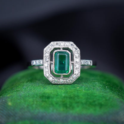 Art Deco Style Natural Emerald and Diamond Halo Platinum Ring