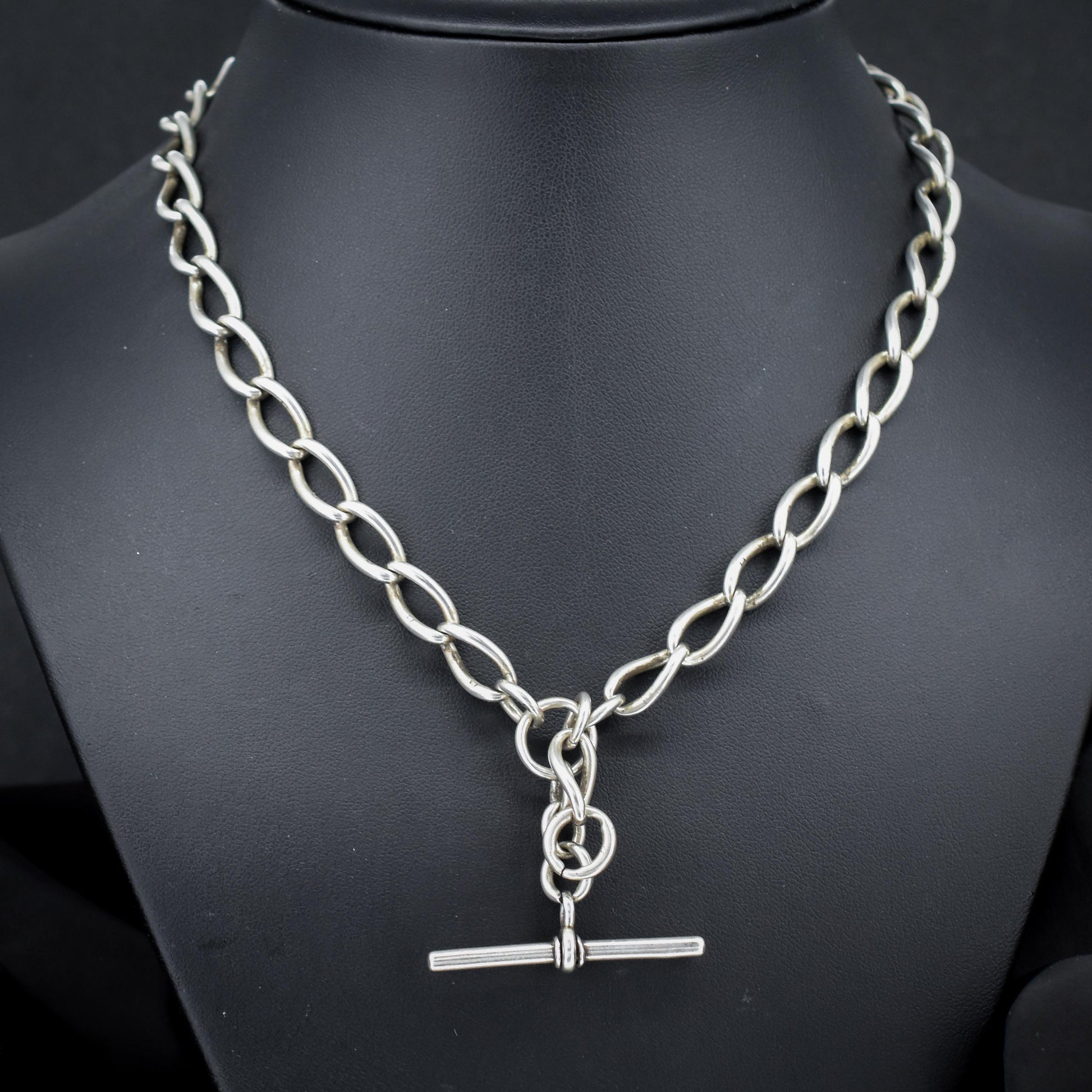Antique 16.5" Sterling Silver Albert Watch Chain Necklace with T-Bar and Dog Clips