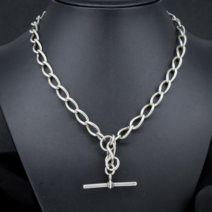 Antique 16.5" Sterling Silver Albert Watch Chain Necklace with T-Bar and Dog Clips