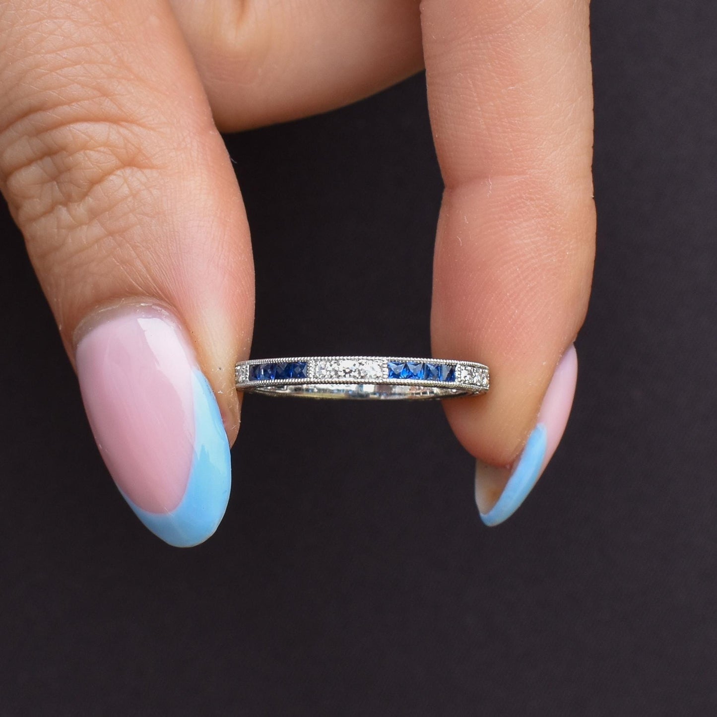 Art Deco Style Diamond and Blue Sapphire Platinum Full Eternity Wedding Band Ring