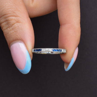 Art Deco Style Diamond and Blue Sapphire Platinum Full Eternity Wedding Band Ring
