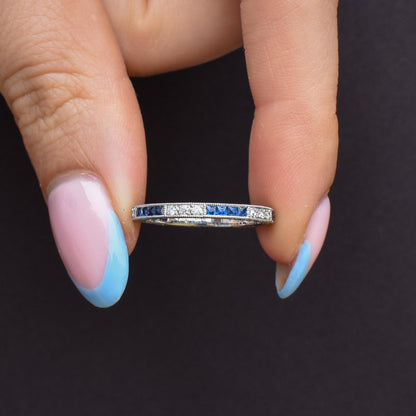 Art Deco Style Diamond and Blue Sapphire Platinum Full Eternity Wedding Band Ring