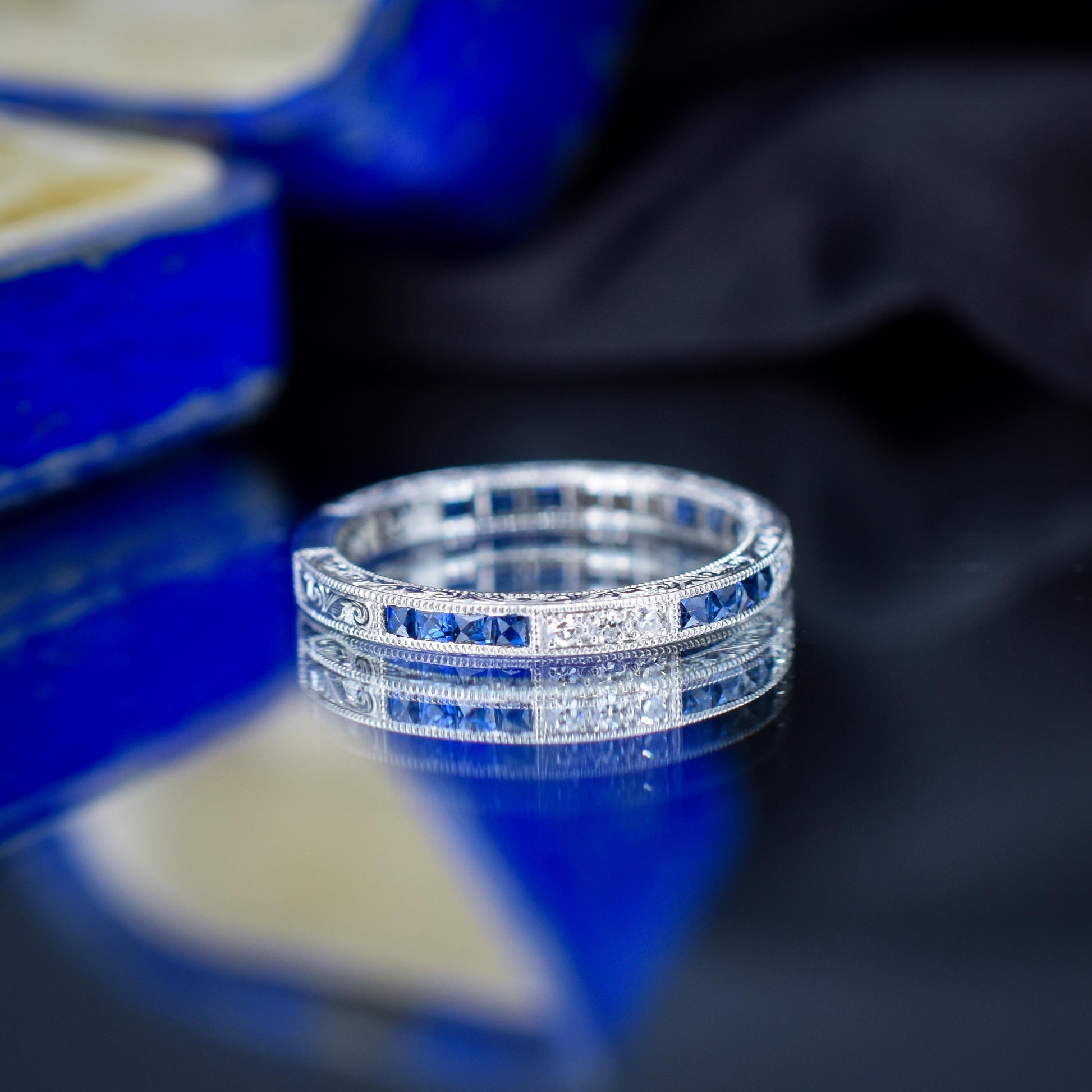 Art Deco Style Diamond and Blue Sapphire Platinum Full Eternity Wedding Band Ring