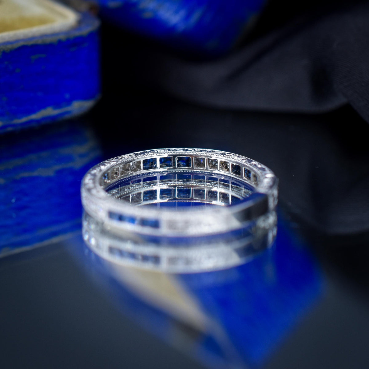 Art Deco Style Diamond and Blue Sapphire Platinum Eternity Wedding Band Ring