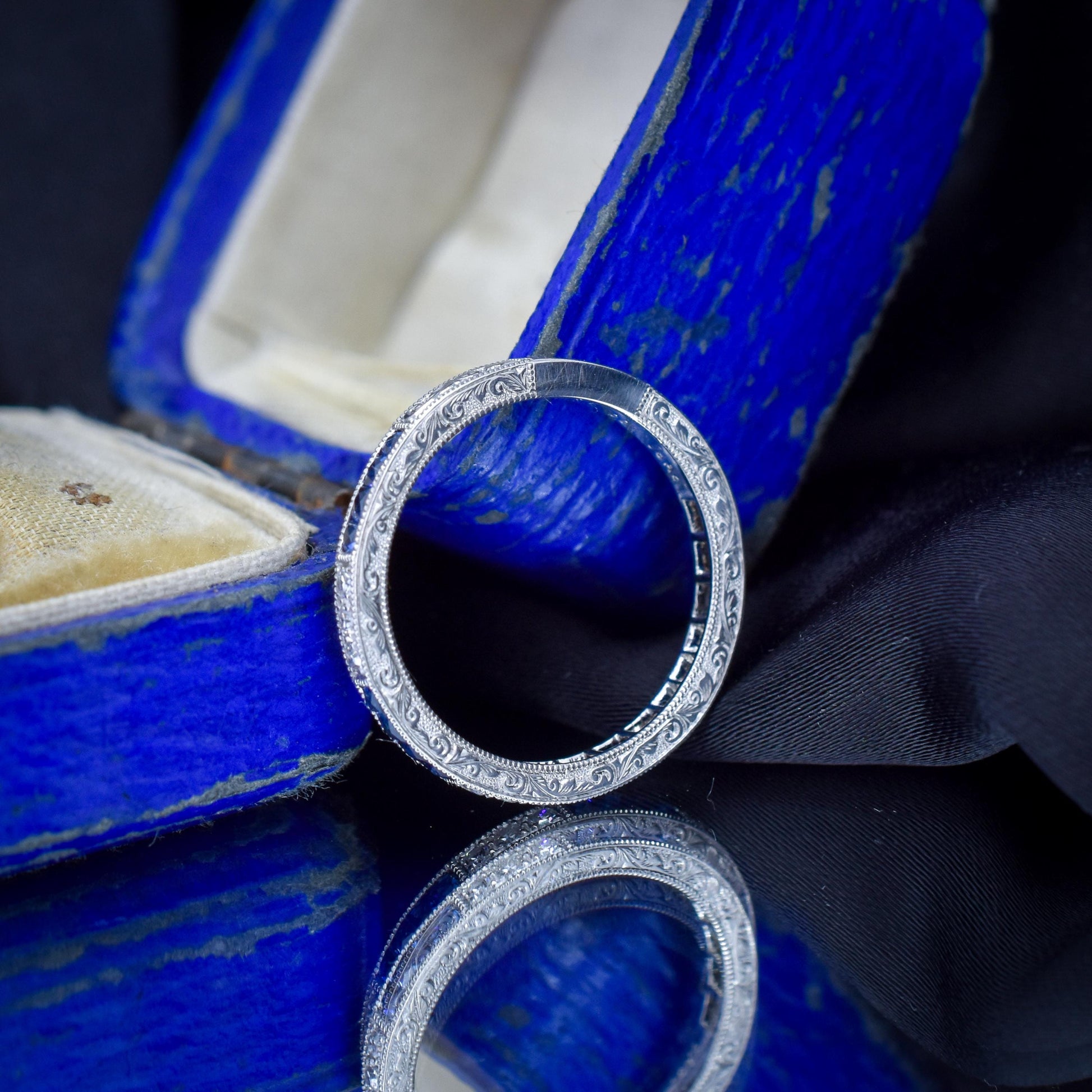 Art Deco Style Diamond and Blue Sapphire Platinum Full Eternity Wedding Band Ring
