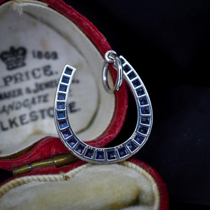 French Cut Royal Blue Sapphire Horseshoe Platinum Charm Pendant - 0.70ct