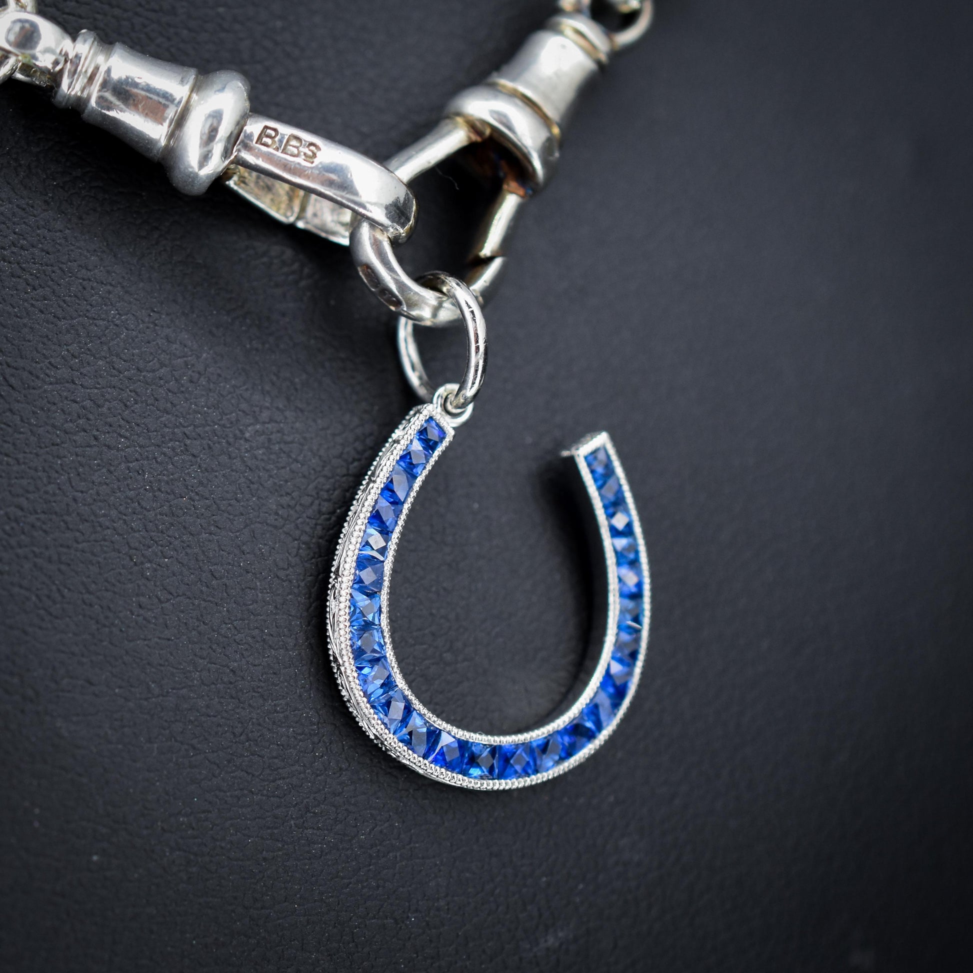 French Cut Royal Blue Sapphire Horseshoe Platinum Charm Pendant - 0.70ct