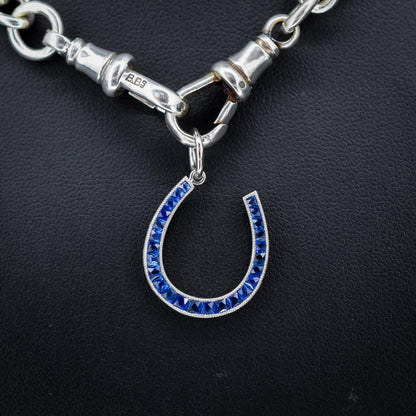 French Cut Royal Blue Sapphire Horseshoe Platinum Charm Pendant - 0.70ct