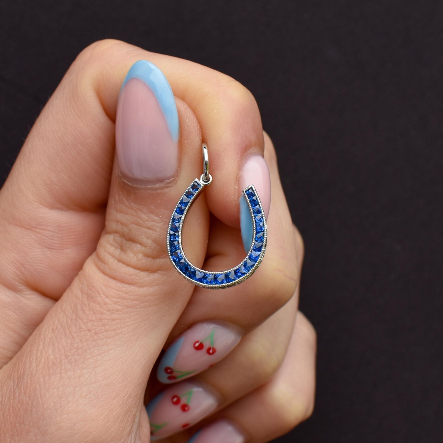 French Cut Royal Blue Sapphire Horseshoe Platinum Charm Pendant - 0.70ct