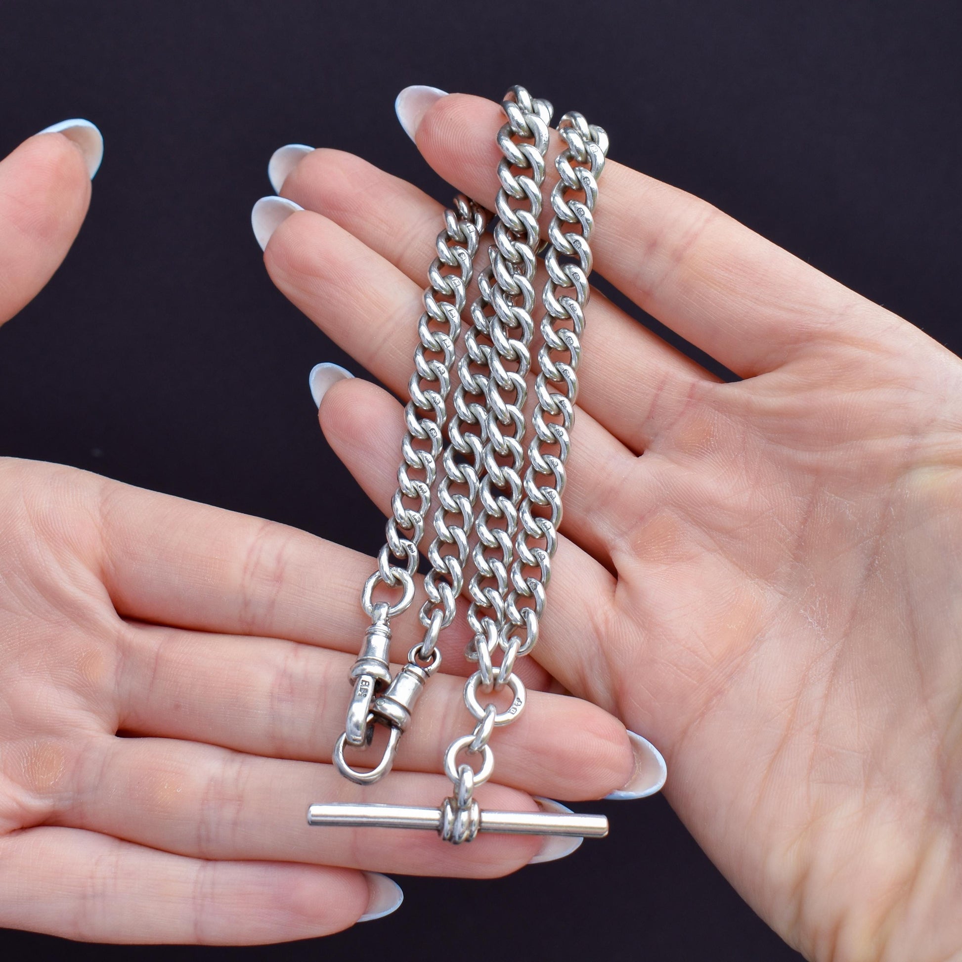 Antique '1919' Sterling Silver Curb Link Albert Watch Chain Necklace – 16.5"