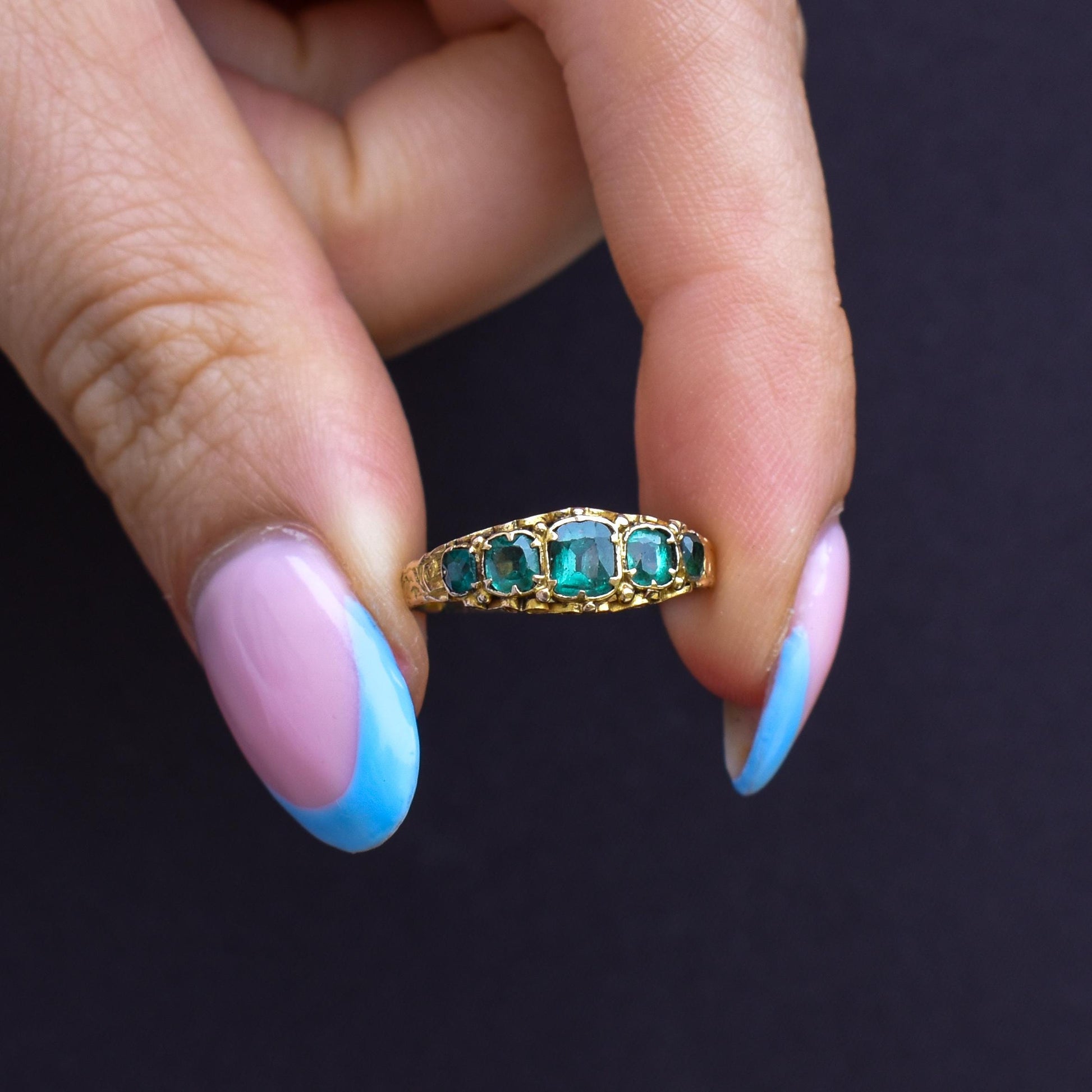 Antique Victorian '1868' Five Stone Emerald Green Paste 15ct Yellow Gold Scroll Ring