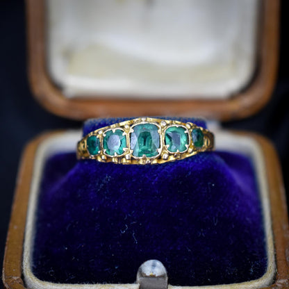 Antique Victorian '1868' Five Stone Emerald Green Paste 15ct Yellow Gold Scroll Ring